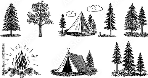 Vintage camping adventure concept with mountaineer tent, pine forest, and campfire scene for poster design