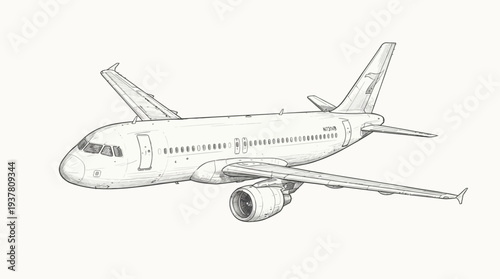 Airplane sketch, passenger jet drawing, aviation illustration