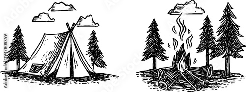 Vintage camping adventure scene with mountaineer tent and campfire in pine forest