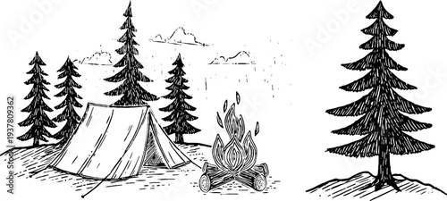 Rustic camping adventure with tent and campfire in forest setting - outdoor exploration design