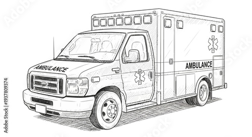 Ambulance emergency vehicle sketch, medical transport illustration