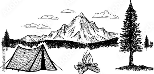 Rustic camping scene with tent, campfire, and mountain view for adventure enthusiasts