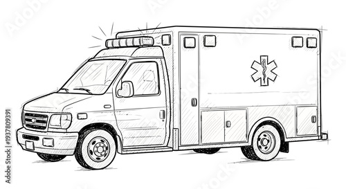 Ambulance sketch, emergency medical vehicle, hand-drawn illustration