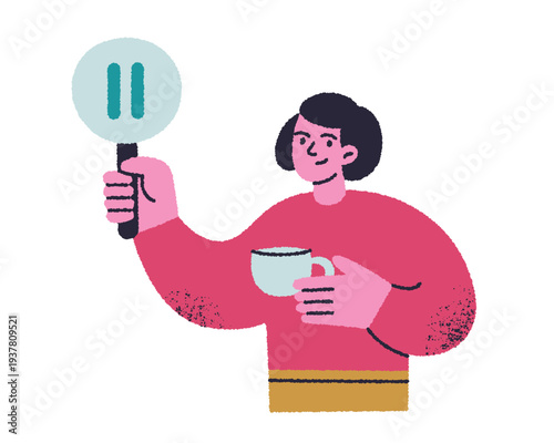 Woman holding pause sign with coffee cup in hands. Flat vector illustration for break time concept. Cartoon style character in pink sweater, relaxation theme. Empty state design for apps, websites