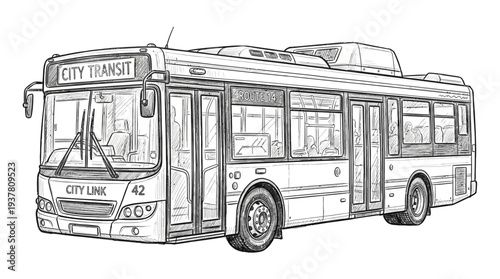 City transit bus sketch, urban transport, public transportation drawing