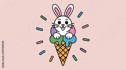 Vector illustration of a cute cartoon bunny sitting on a colorful ice cream cone with sprinkles on pastel background