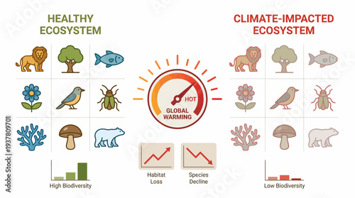 Infographic illustrating the effects of global warming on ecosystems, showing habitat loss, species decline, and reduced biodiversity.