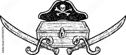 Vintage pirate theme with hat cutlasses and treasure chest design for posters