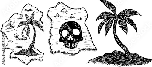 Vintage pirate treasure map with skull and palm trees for adventure design