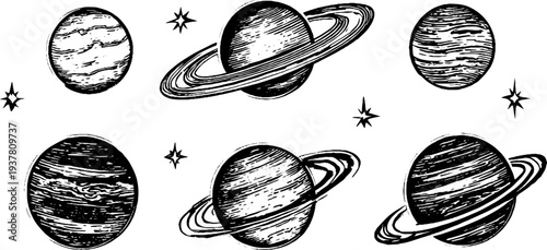 Vintage sketch set of saturn and telescope with constellation map for retro astronomy designs