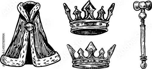 Vintage royal crown, ermine mantle, and scepter sketch for historical design