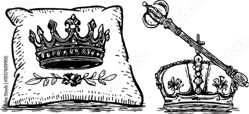 Royal crown jewels with velvet cushion and scepter vintage sketch for regal design