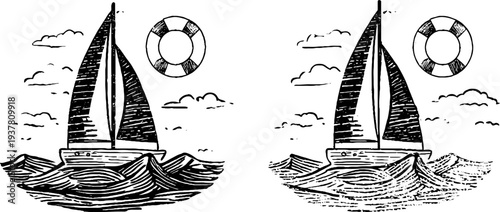 Vintage nautical sketch of sailing yacht with lifebuoy and ocean waves for retro design