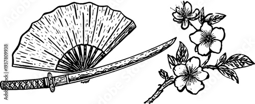 Japanese culture elements with samurai katana, folding fan, and cherry blossom for traditional design