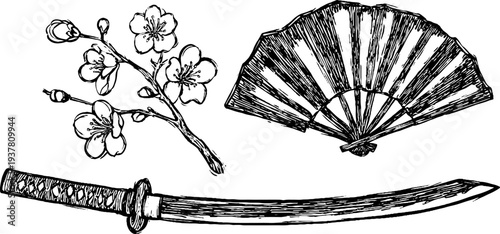 Traditional japanese elements: samurai katana, folding fan, and cherry blossom branch for cultural design