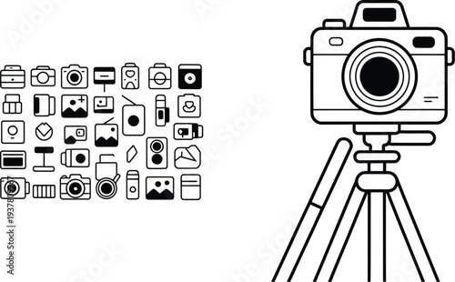 A camera on a tripod is shown next to a collection of photography icons.