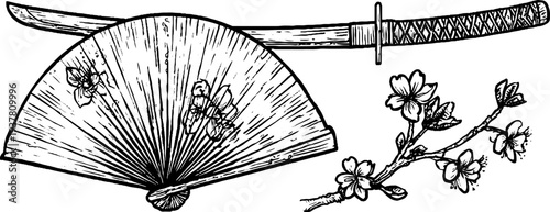 Vintage hand-drawn samurai katana, folding fan, and cherry blossom sketch for retro design