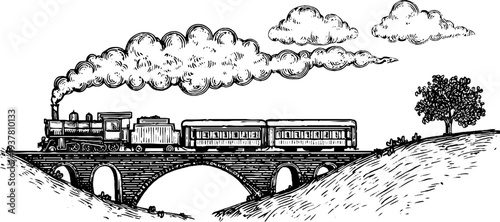 Vintage steam locomotive crossing a railway bridge with smoke plume and landscape
