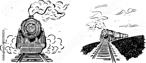 Vintage steam locomotive set with railway tracks - retro sketch design for prints and posters