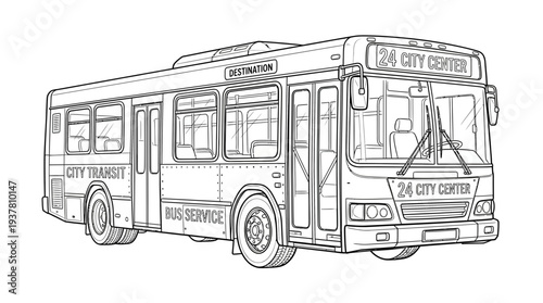 Line art city bus illustration, public transport vehicle, urban travel