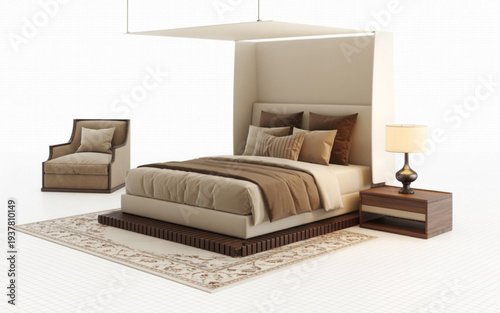 Modern beige bedroom interior with bed nightstand chair and lamp a rug showcasing elegant furniture design and home decor On Valentine's day
