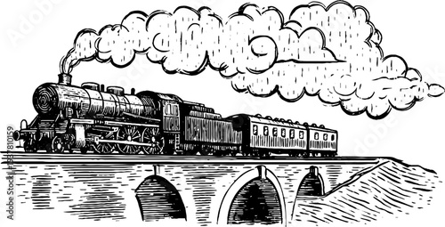 Vintage steam locomotive and railway illustration in detailed side profile engraving for retro design