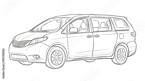 Minivan illustration, line art sketch of a modern family car