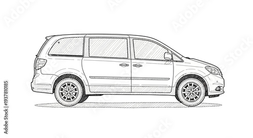 Minivan sketch, side view, white background, automotive drawing