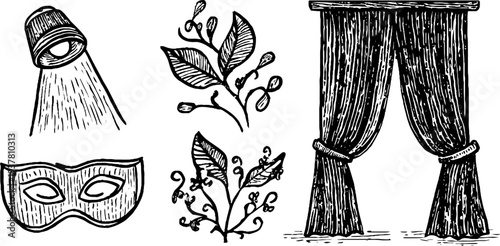 Vintage theater elements: spotlight, velvet curtain, and stage mask for retro design