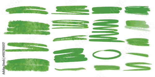 Green watercolor lines and brushstrokes. Set of textured lines in natural grassy green. Delicate translucent highlights of spring light green. Vector graphics