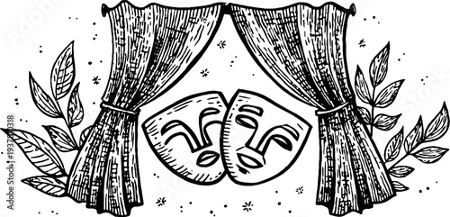 Vintage theater stage set with comedy and tragedy masks for artistic design