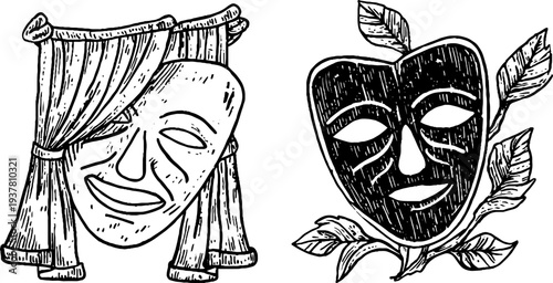 Theater stage curtain with comedy and tragedy masks - retro hand drawn design for artistic projects