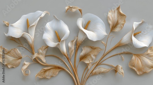 Close-up of sculpted white calla lilies and gold-toned leaves, artfully arranged against a muted grey background