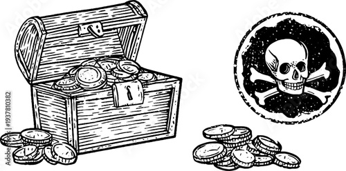 Vintage pirate treasure chest and skull emblem sketch for design and print