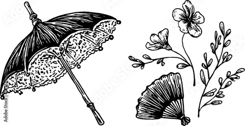 Victorian lace parasol and ornate cameo brooch with floral elements for retro design