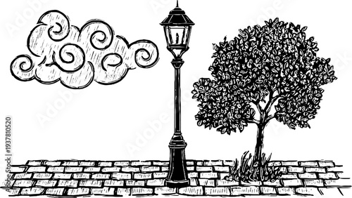 Vintage victorian street lamp with cobblestone pavement and fog for retro design