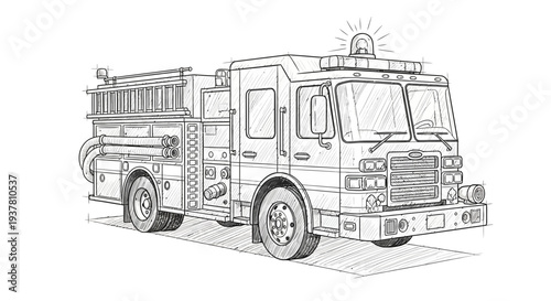 Sketch of a Fire Truck with Ladder and Hose