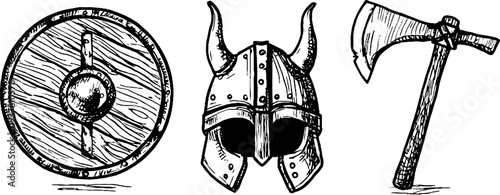 Vintage viking helmet, round shield, and battle axe sketch for retro design