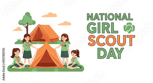 Group of girl scouts in uniform celebrating National Girl Scout Day with teamwork and community service activities