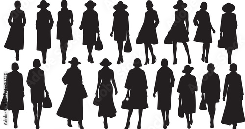 Collection of Black Fashion Women Silhouettes Vector Set Walking and Standing in Diverse Poses isolated PNG with Transparent Background