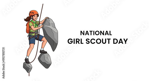 Girl scout climbing rock on National Girl Scout Day with safety gear and teamwork spirit