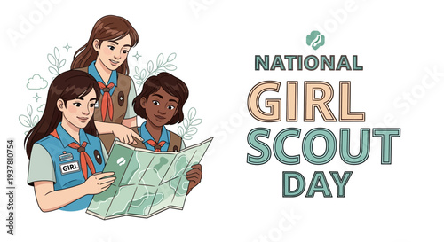 Three girl scouts in uniform plan activities on a map for National Girl Scout Day 2026 celebration