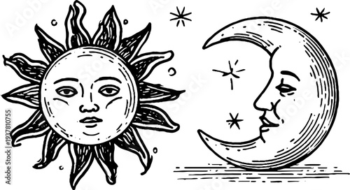 Celestial designs with zodiac wheel, sun face, and moon face for vintage themed artwork