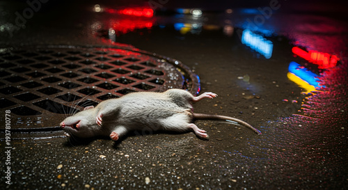 Dead rat on wet urban street next to sewer grate at night