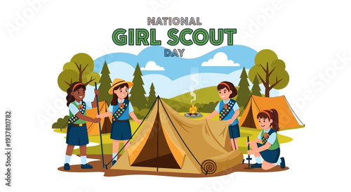 Girl scouts celebrate National Girl Scout Day with a camping and community service activity together outdoors.