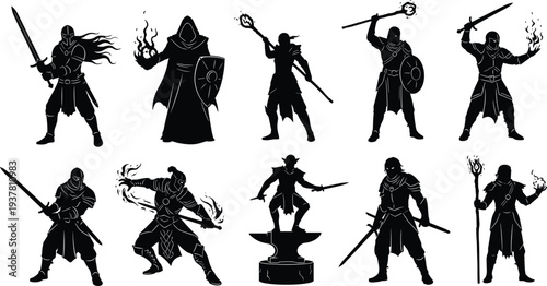 Set of Ten Black Silhouette Vector Illustrations Featuring Fantasy Warriors Knights and Mages with Swords Shields Staves and Magic Powers