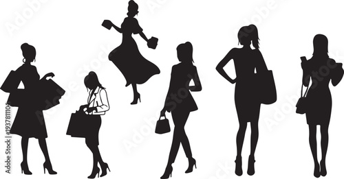 Collection of black female fashion model silhouettes. Elegant women vector illustration. isolated PNG with Transparent Background