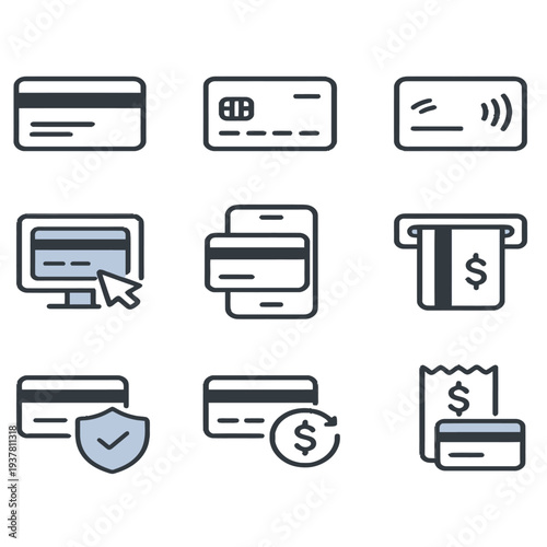 Print   Modern Credit Card Flat Icon Set, Fintech Banking and Digital Payment Icons Collection, Card Payment, Contactless, Mobile Wallet, ATM Withdrawal, Secure Transaction, Cashback and Billing Minim