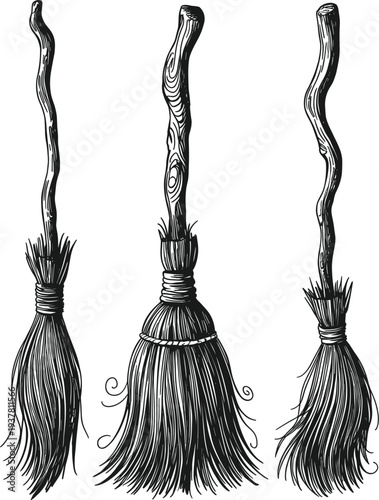 Witch silhouette flying on broomstick with lantern and crescent moon, spooky Halloween vector illustration for stock