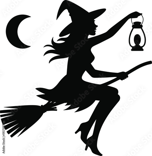 Witch silhouette flying on broomstick with lantern and crescent moon, spooky Halloween vector illustration for stock media